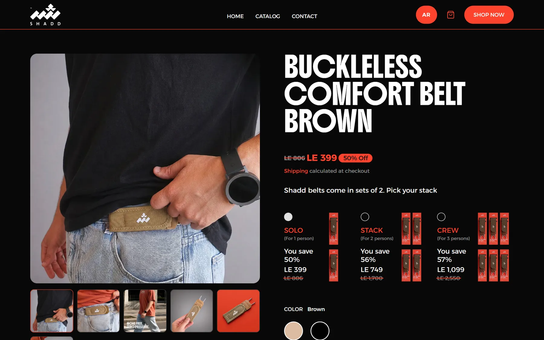 Shadd buckleless comfort belt product page in brown